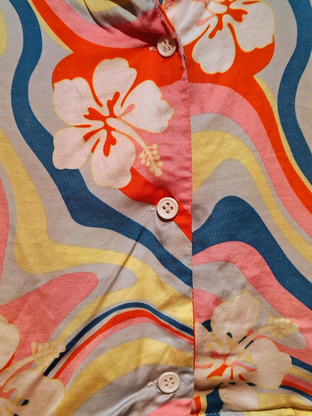 Retro Tropical Hibiscus Psychedelic Print Button Front Blouse - Picture 4 of 7